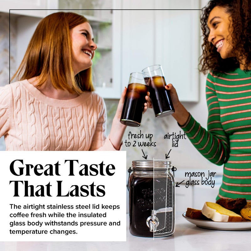 Willow & Everett Cold Brew Coffee & Iced-Tea Maker Pitcher, 2 L Glass Dispenser w/Metal Spigot & Mesh Filter Iced Coffee & Sun Tea Brewing System - Image 5